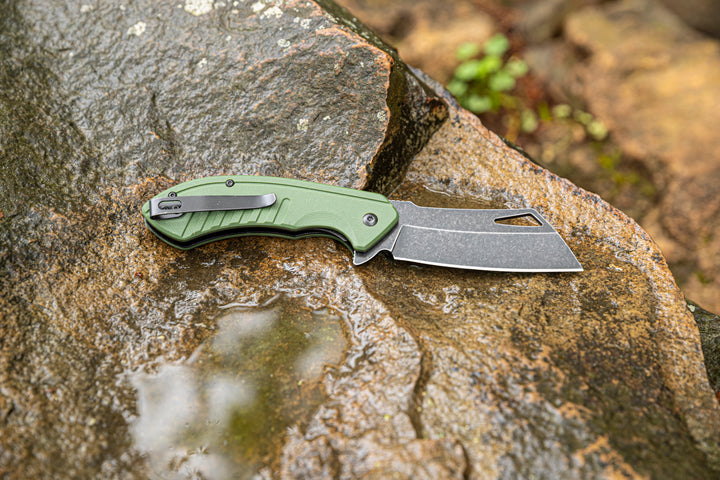Rally Black Stonewash Stainless Cleaver Blade - G10 OD Green