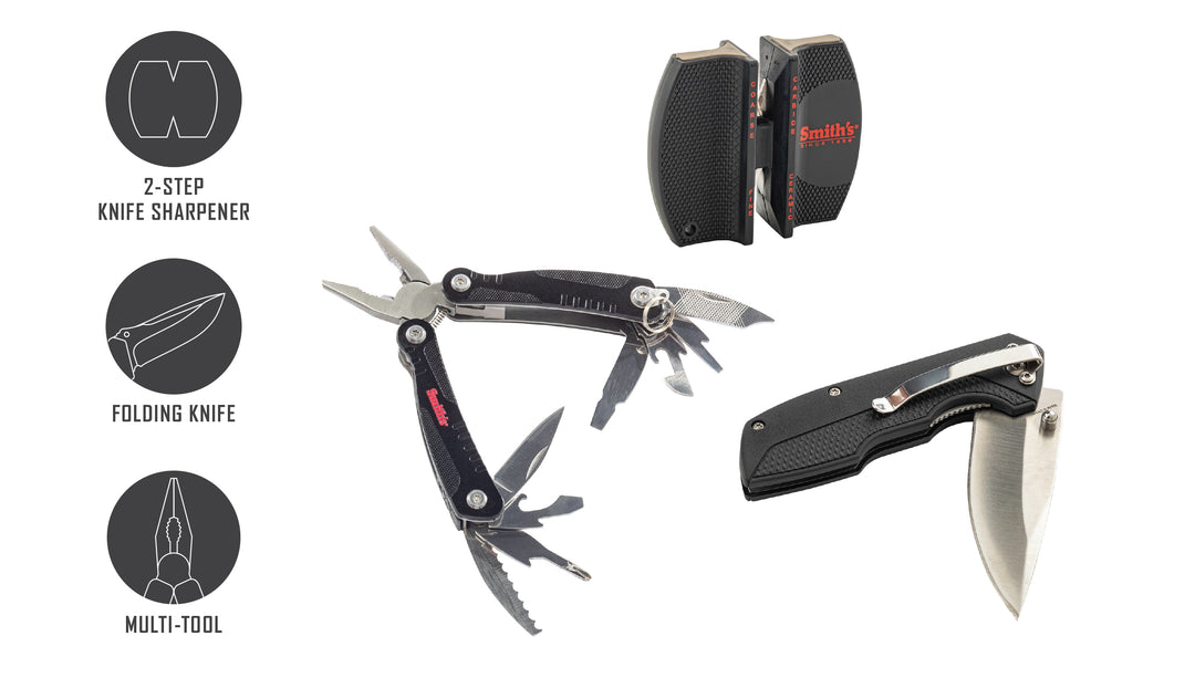 EdgeSport 3pc Folding Knife Combo Kit w/ 2-Step Sharpener & Multi-tool